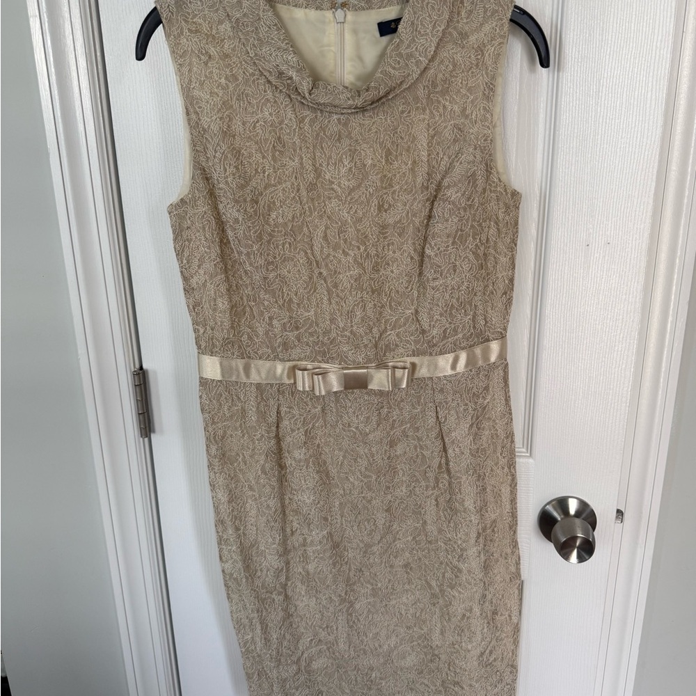 Brooks Brothers Taupe Lace Midi Dress with Satin Bow